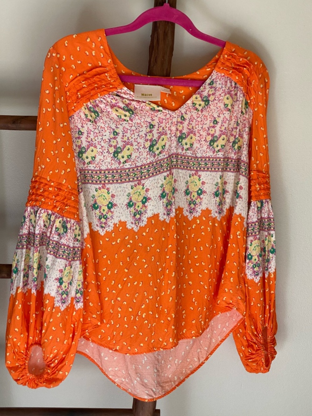 MAEVE  Orange Mixed-Print Peasant Blouse Medium